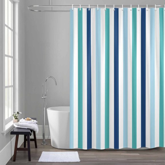 Blue Green Navy Stripes Shower Curtain for Bathroom Decor, Minimalist Abstract Vertical Striped Waterproof Fabric Shower Curtain, 66"x72" Set with 12 Hooks