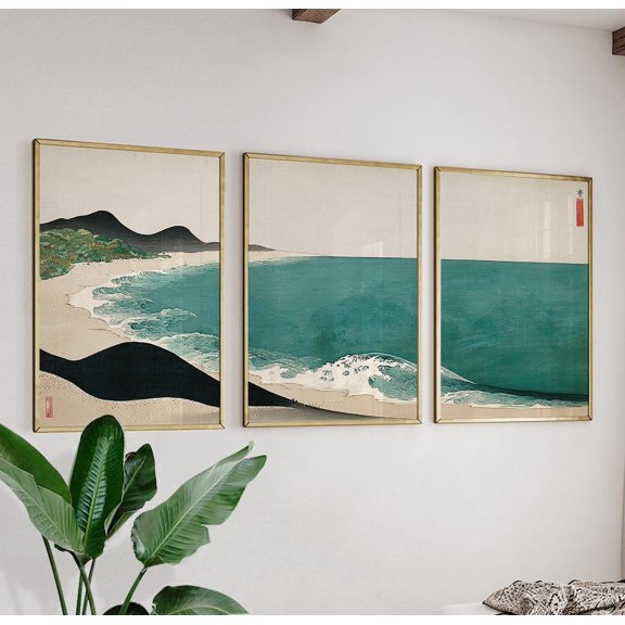 Blue Green Ocean Minimal Coastal Wave Landscape Wall Art Set 3