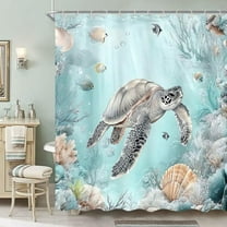 Blue Green Ocean Shower Curtain, Sea Turtle Shower Curtain Summer Ocean Shower Curtain Set Decor, Ocean Coastal Shower Curtain Waterproof Blue Sea Bathroom Sets with 12 Hooks, Blue,36X70 Inch