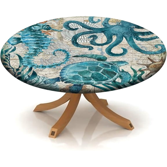 Blue Green Octopus Fitted Tablecloth Round Ocean Turtle Theme Elastic Edge Table Cover, Polyester Table Pad Cloth for Indoor Outdoor Party Dinner Patio Decor Fits Tables Up to 52" - 56"