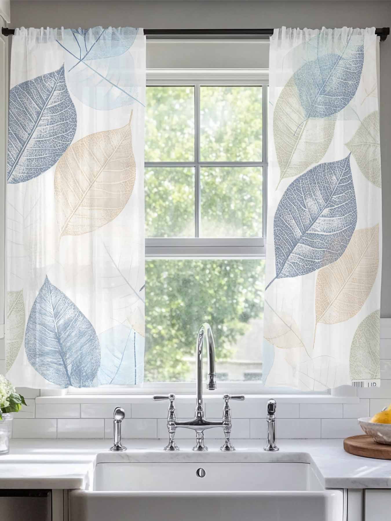 Blue Green Orange Leaves Sheer Curtains for Living Room Bedroom Spring