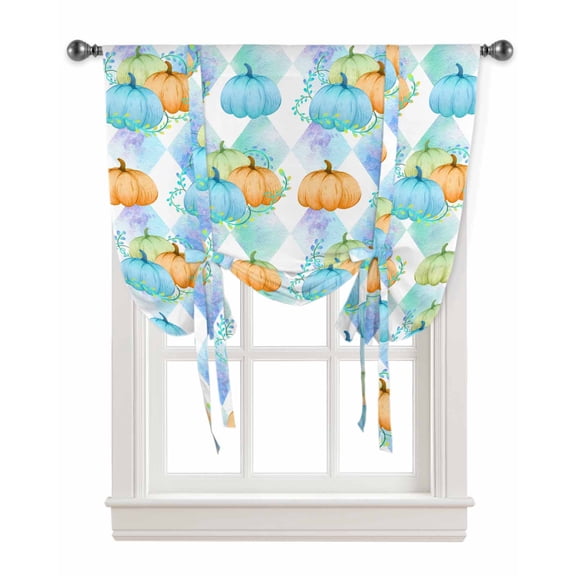 Blue Green Orange Pumpkins Fall Tie Up Curtains for Kitchen Bathroom Bedroom Windows 45 Inch Length, Thanksgiving Botanical Balloon Drape Curtains Shade Rod Pocket Drapery Curtain Panel, 42"x45"