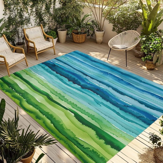 Blue Green Outdoor Rug 4x6 Ft - Reversible Patio Rug Outdoor Camping Rugs, Gradient Watercolor Modern Abstract Art Washable Indoor Outdoor Area Rugs, Non-Slip Outdoor Carpet Runner for Deck/Porch