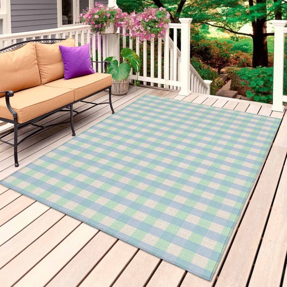 Blue Green Outdoor Rug for Patio/Deck/Porch, Non-Slip Large Area Rug 5 x 7 Ft, Grid Checkered Plaid Gingham Lattice Trellis Indoor Outdoor Rugs Washable Area Rugs, Camping Rug Carpet Runner