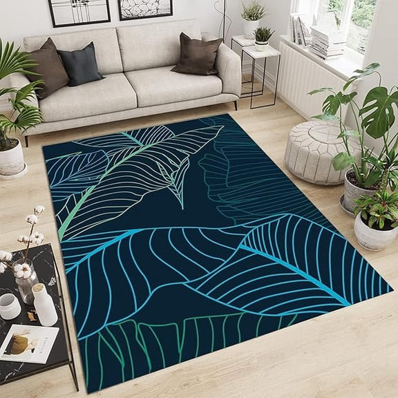 Blue Green Palm Leaf Area Rug, Tropical Plants Lines Abstract Printed Kids Rugs, Non-Slip Soft Machine Washable Carpet For Boy Girl Living Room Bedroom Office Study 2 x 3ft