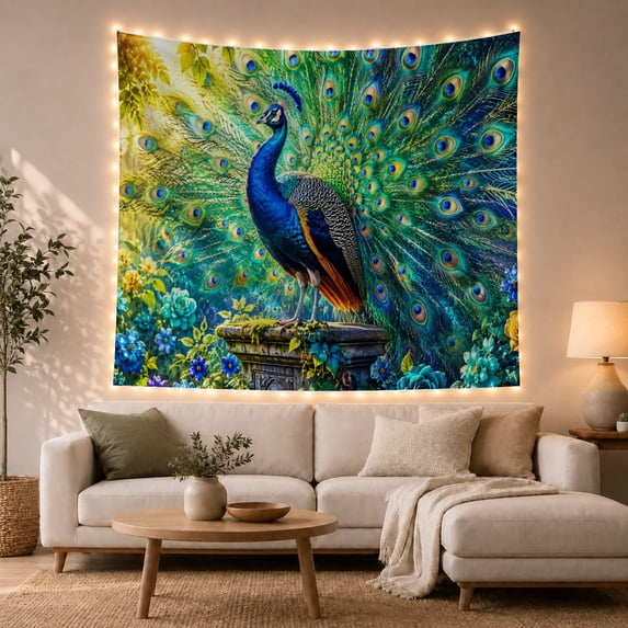 Blue Green Peacock Displaying Jeweled Tail Feathers in a Garden, Mystical Boho for Bird Lovers, Avian Wall Decor Art, Christmas Gift, Tapestry Wall Hanging for Bedroom and Living Room