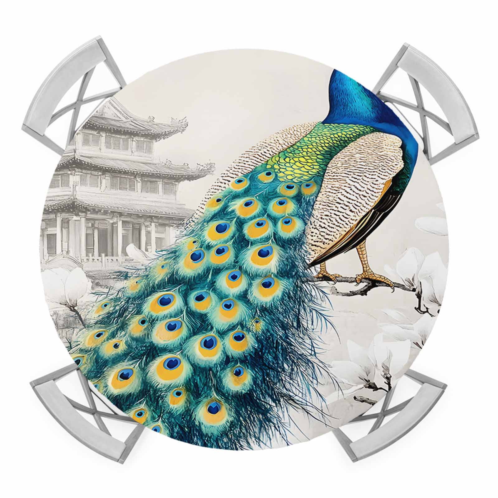 Blue Green Peacock Elastic Fitted Round Table Cover Retro Tower ...