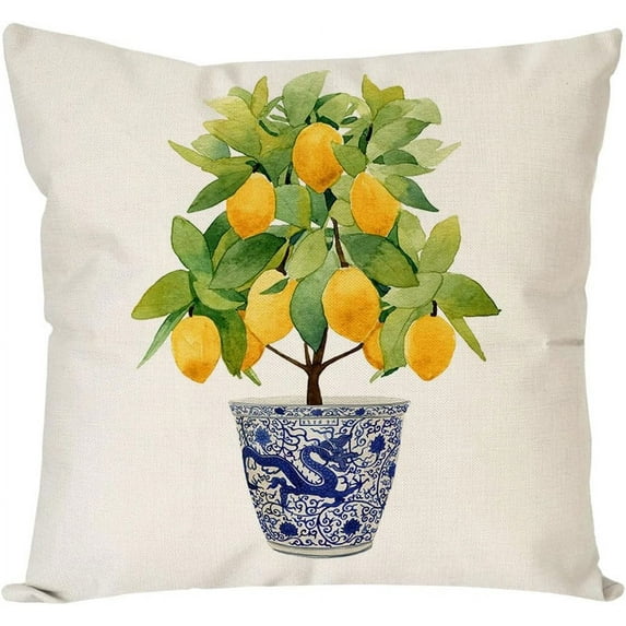 Blue and Green Pillow Cover 18x18 Inch Chinoiserie Porcelain Ginger Jar Yellow Lemon Grand Millenial Outdoor Summer Farmhouse Decorations Decorative Throw Pillows Cases for Home Couch Decor