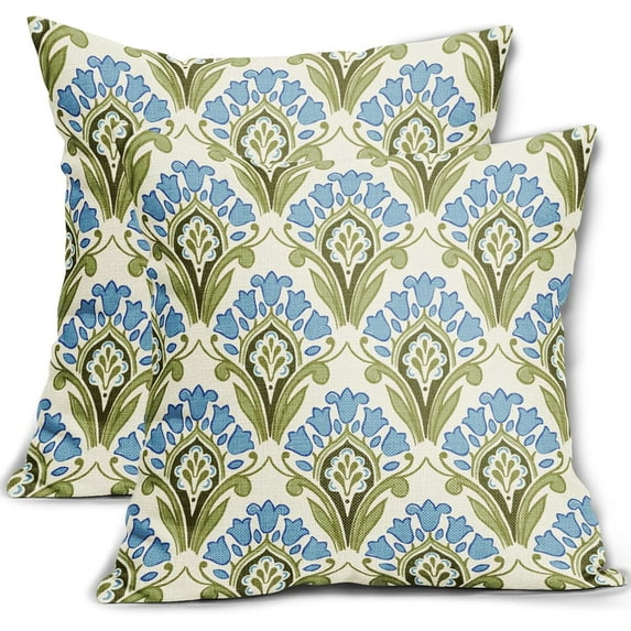 Blue Green Pillow Covers 18x18 Set of 2 Blue Flower Green Leaves Vintage Print Decorative Outdoor Pillowcases Rustic Floral Farmhouse Throw Cushion Case Decor for Couch Sofa Bed