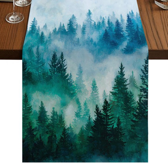Blue Green Pine Trees Burlap Cotton Table Runner 13x36 Inches Short, Modern Minimalist Nature Forest Farmhouse Table Runners, Outdoor Dining Tablecloths Decor for Baby Shower/Party/Wedding