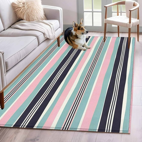Blue Green Pink Striped Area Rug 3x5 Washable Rug Non Slip Farmhouse Vintage Stripe Large Area Rug Indoor Floor Carpet for Entryway Bedroom Kitchen Living Room Home Office Dining Room Nursery