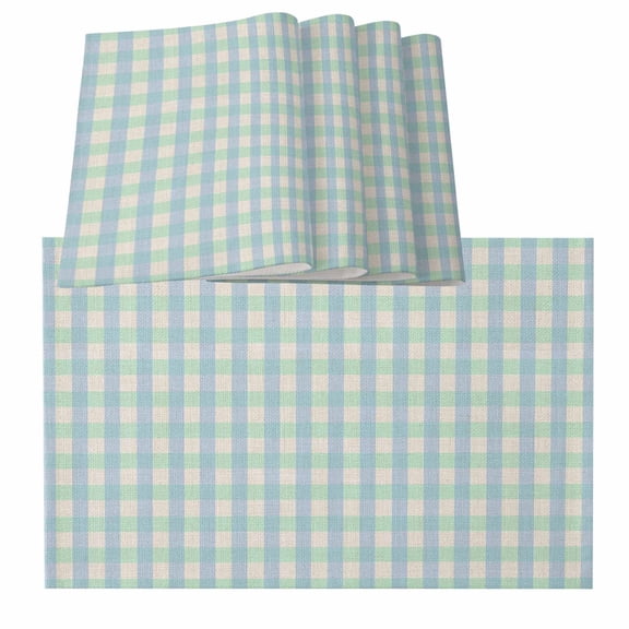 Blue Green Placemats for Dinning Table Set of 4, Grid Checkered Plaid Gingham Lattice Trellis Burlap Kitchen Place Mats Waterproof Cloth Table Mats, Indoor Outdoor Placemats Easy Clean Dinner Decor