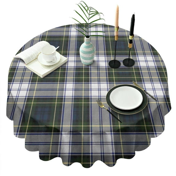 Blue Green Plaid Checkered Pattern Round Tablecloth 60"x60",Wrinkle Wipeable Table Cloth for Kitchen Dining Room Picnic Patio Party