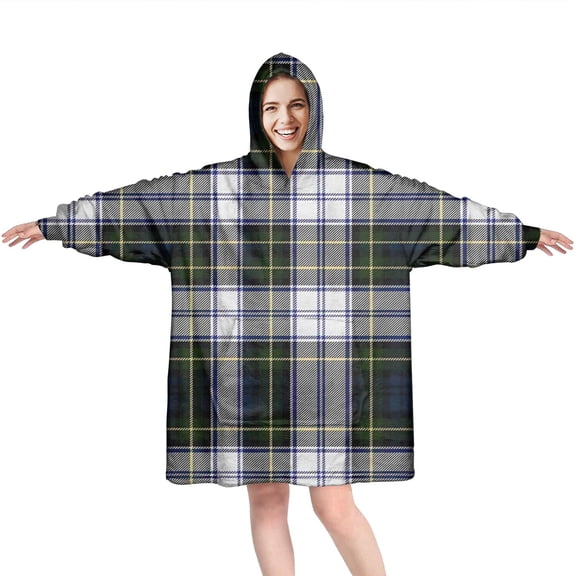 Blue Green Plaid Checkered Pattern Wearable Oversized Blanket,Wearable Blanket Hoodie for Adults,Cozy Hooded Blankets with Super Pockets,Super Warm Fuzzy Pullover for Women & Men