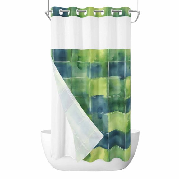 Blue Green Plaids No Hooks Shower Curtain with Snap-in Liner Geometric Watercolor Grids Shower Curtains for Bathroom, Waterproof, Easy Install, Washable 36"x72"