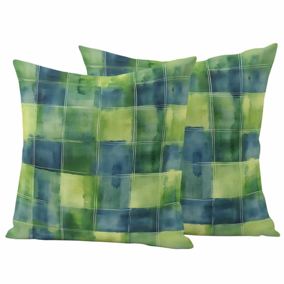 Blue Green Plaids Pillow Covers 2 Pack Geometric Watercolor Grids Pillowcase Waterproof Outdoor Throw Pillow Cover for Patio Garden Square Cushion 16”x16”