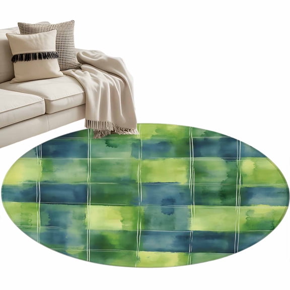 Blue Green Plaids Round Area Rug 3ft Geometric Watercolor Grids Non-Slip Washable Circle Rugs Soft Felt Indoor Floor Mat for Bedroom Kitchen Living Room Bathroom