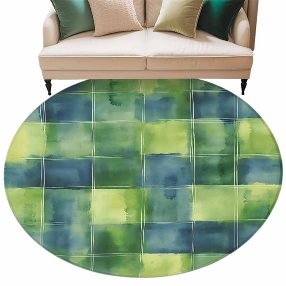 Blue Green Plaids Round Area&nbsp;Rug 6ft Geometric Watercolor Grids Non-Slip&nbsp;Washable Circle Rugs Soft Felt Indoor Floor Mat for Bedroom Kitchen Living Room Bathroom