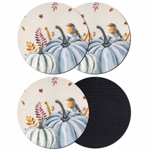 Blue Green Pumpkin Coasters Set of 4, Absorbent Coasters for Drinks, Thanksgiving Fall Bird Eucalyptus Coaster for Desk Coffee Table Protection, Home Decor House Warming Gifts 4"