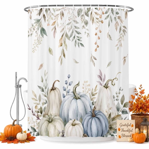 Blue Green Pumpkin Fall Shower Curtain, Waterproof Shower Curtains for Bathroom, Autumn Botanical Thanksgiving Washable Fabric Bathtub Curtain Set Bath Decor with 12 Hooks Stall 36"x72"