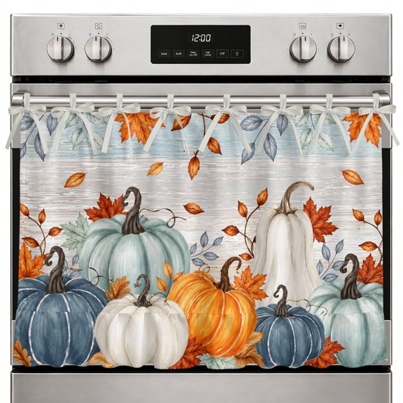 Blue Green Pumpkins Oven Curtain with Tie Top, Thanksgiving Leaf Orange White Pumpkin Wooden Oven Skirt Curtains with Tie Top Cabinet Cover Curtain for Small Kitchen Apartment Decor 27 x 20 Inches