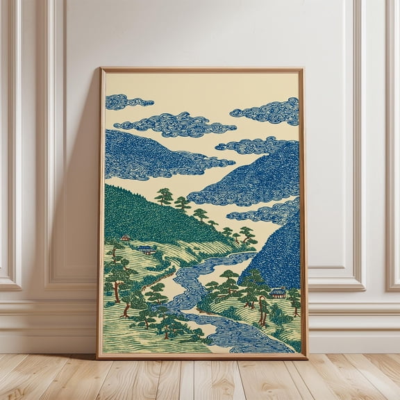 Blue Green River Landscape Poster Japanese Woodblock Style Mountains Nature Wall Art