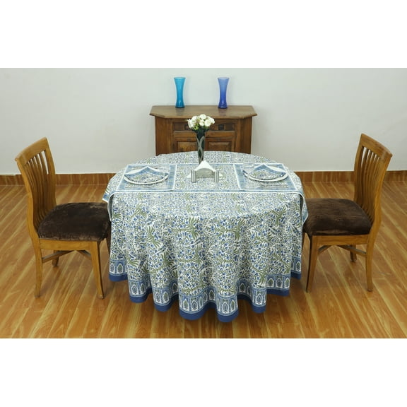 Blue & Green Round Tablecloth, Dining Table Cover, Block Printed Napkins, Floral Wedding Party Table Cover Set 72x72 Inches