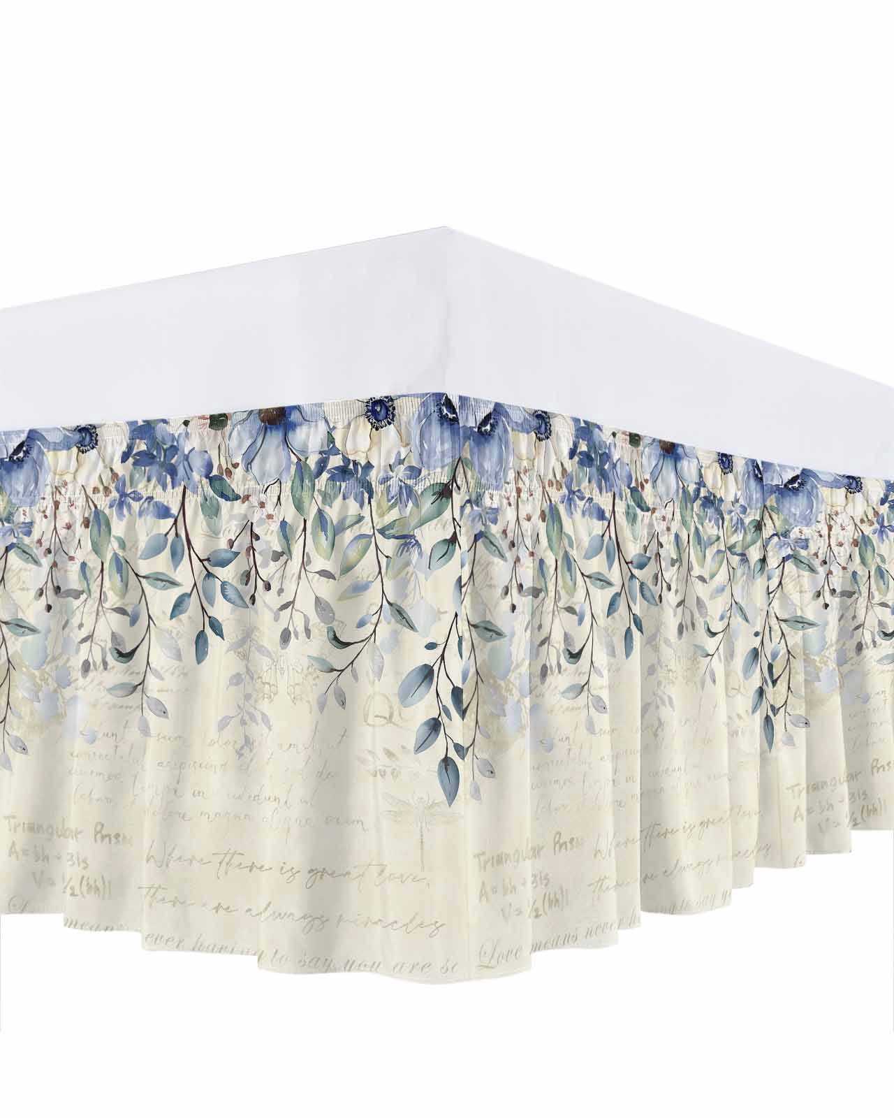 Blue Green Ruffle Bed Skirt Queen Size Flowers Eucalyptus Leaves Vintage Farmhouse Adjustable Elastic Dust Bed Skirts Wrap Around Bedskirt Wrinkle Free Easy Fit with 18 Inch Drop