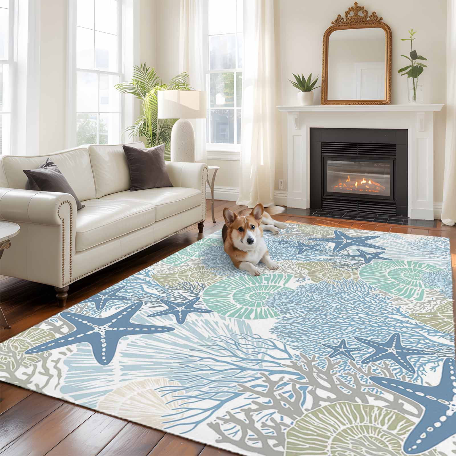 Blue White Shell Rug Blue Green Sea Area Rugs 5x7 ft Nautical Coastal Ocean Watercolor ...