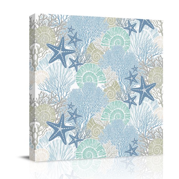 Blue Green Sea Canvas Wall Art for Living Room, Nautical Coastal Ocean Watercolor Shells Corals Starfish Poster Print Painting for Bedroom Office Home Decoration Wall Pictures Prepare To Hang 8"x8"