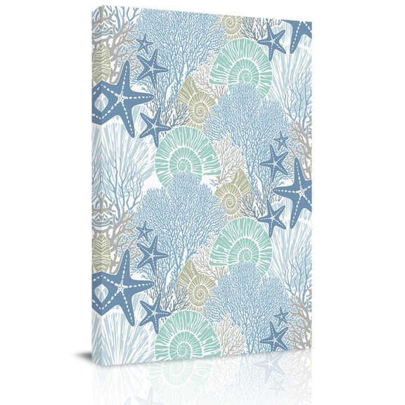 Blue Green Sea Canvas Wall Art for Living Room, Nautical Coastal Ocean Watercolor Shells Corals Starfish Wall Decor Framed Artwork Pictures Ready to Hang for Bedroom Office Home Decor
