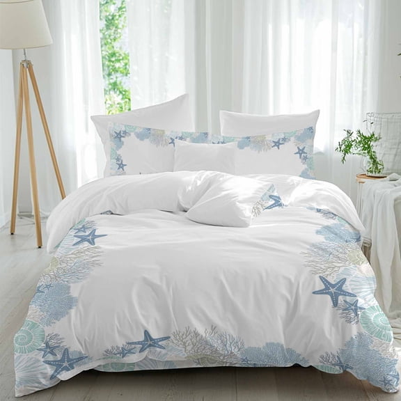 Blue Green Sea Queen Size Comforter Set, Nautical Ocean Watercolor Shells Corals Starfish Bedding for All Seasons, 4 Pcs Bed Set, 1Quiltcover (90"x92") ,1Sheet(94"x116"), 2Pillowcases (30"x20")