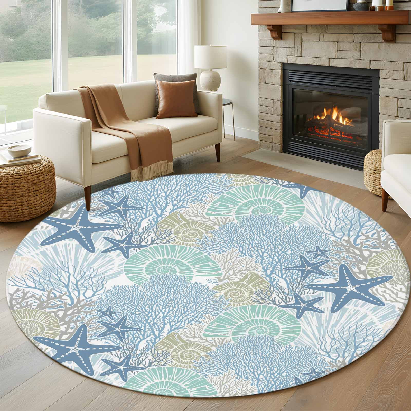 Blue White Shell Rug Blue Green Sea Round Rugs for Living Room 5ft Nautical Coastal Ocean ...