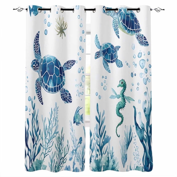 Blue Green Sea Turtle Blackout Curtains 39 Inches Long for Bedroom, Summer Ocean Coral Fish Seahorse Thermal Insulated Room Darkening Black Out Window Curtain Panels Grommet Drapes for Living Room