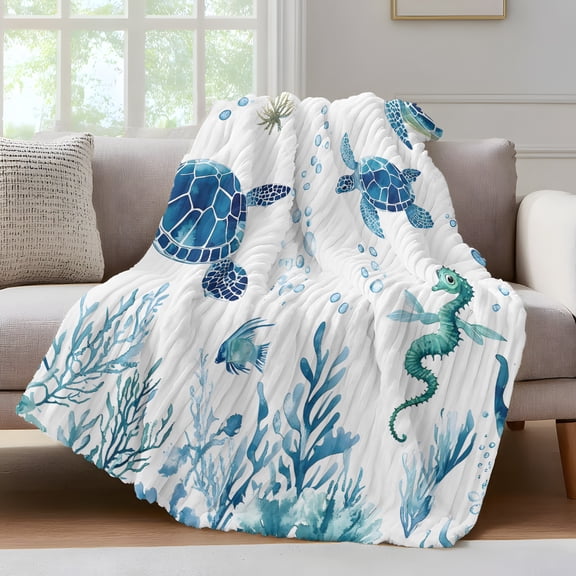Blue Green Sea Turtle Fleece Throw Blanket for Couch, Summer Ocean Coral Fish Seahorse Microfiber Flannel Blanket for All Season, Lightweight Soft Throw Blankets for Baby, Kids, Pets, 30"x40"