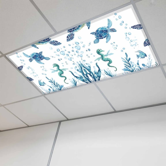 Blue Green Sea Turtle Magnetic Fluorescent Light Covers for Ceiling Lights 2x4Ft,Summer Ocean Coral Fish Seahorse Office Classroom Kitchen Drop Ceiling Light Covers Lighting Filters Shade Panel 1Pack