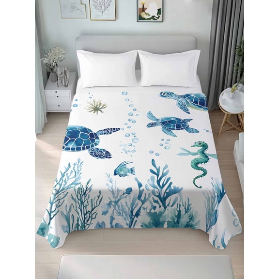 Blue Green Sea Turtle Queen Size Flat Sheet, Wrinkleproof & Fadeproof Cooling Flat Bed Sheet Only, Summer Ocean Coral Fish Seahorse Breathable Soft Bedding Top Sheets 90 x 102 Inches