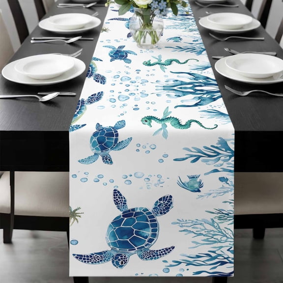 Blue Green Sea Turtle Table Runner 48 Inches Long, Summer Ocean Coral Fish Seahorse Kitchen Coffee Dining Table Decoration for Home Party Birthday Wedding Home Decor 13x48 Inches