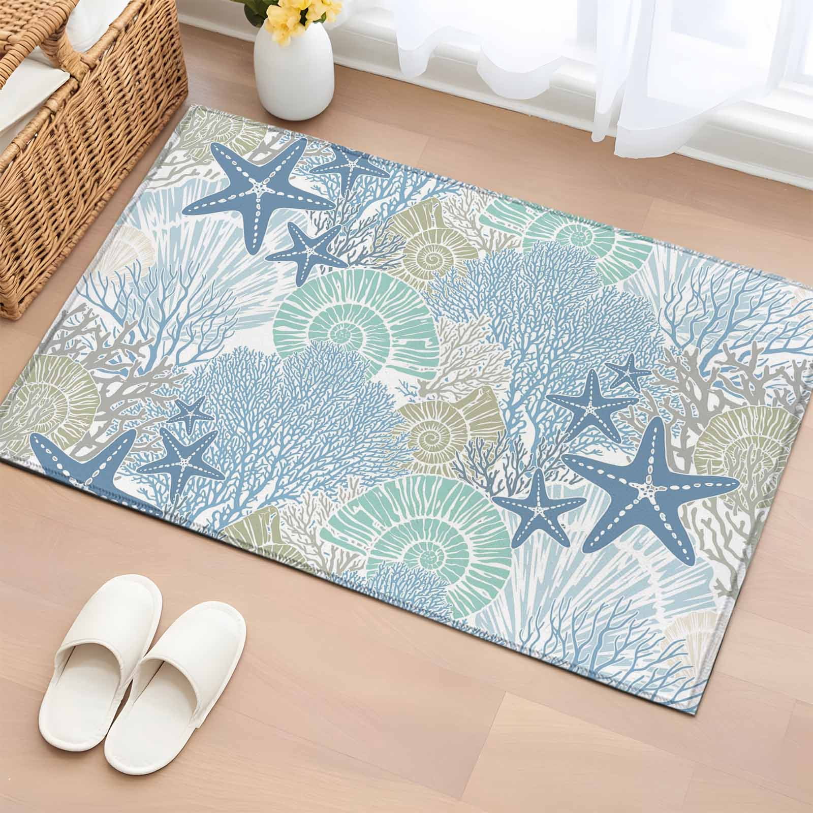 Blue White Shell Rug Blue Green Sea Washable Small Entryway Area Rugs 2'x3', Nautical ...