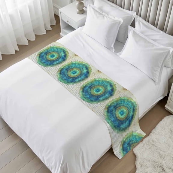 Blue Green Seagrass Bed Runner Scarf, Vintage Art Watercolor Texture Twin Bed Scarf Runner, No Fading Decorative Bedding Scarf for Bedroom Hotels Homes and Guestrooms