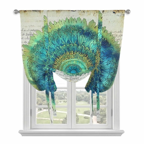 Blue Green Seagrass Tie Up Curtain 45 Inches Long, Vintage Art Watercolor Texture Balloon Style Kitchen Window Curtain Over Sink, Small Window Rod Pocket Curtain 42"x45"