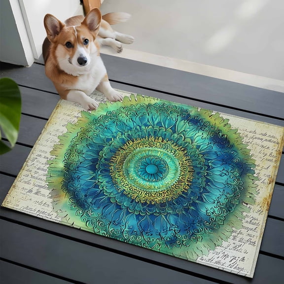 Blue Green Seagrass Washable Area Rug 2x3 Vintage Art Watercolor Texture Low-Profile Area Rugs with Non Slip Backing Indoor Floor Carpet for Entrance Living Room Bedroom Home Office