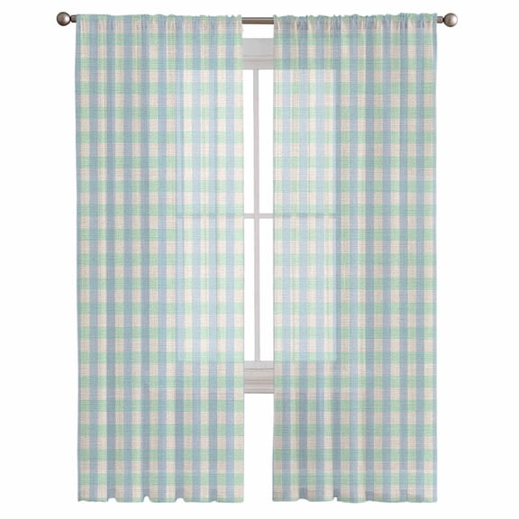 Blue Green Semi Sheer Curtains 108 Inch Length 2 Panels Set, Grid Checkered Plaid Gingham Lattice Trellis Sheer Kitchen Curtain Privacy Voile Window Curtain for Living Room Bedroom Rod Pocket Drapes