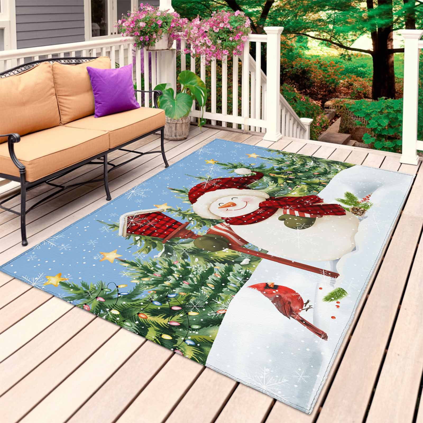Blue Green Snowman Christmas Outdoor Rug 5x8 Ft, Non Slip Washable Area ...