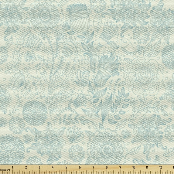 Ambesonne Blue and Green Fabric by the Yard Upholstery, Antique Flowers, 2 Yards, Pale Green and Blue