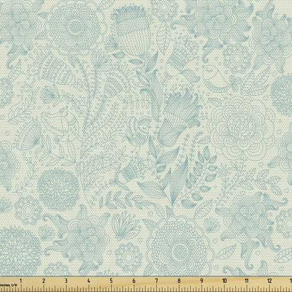 Ambesonne Blue and Green Fabric by the Yard Upholstery, Antique Flowers, 5 Yards, Pale Green and Blue