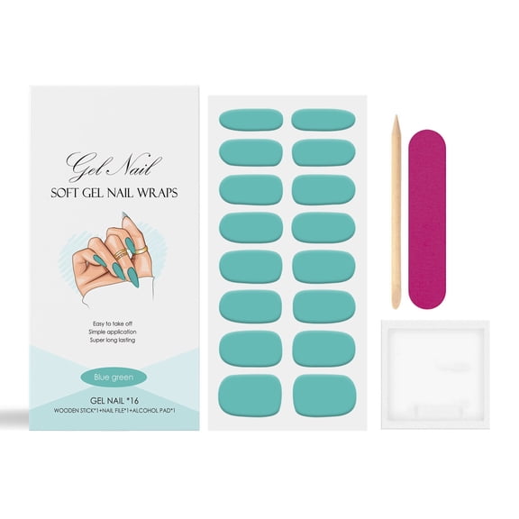 Blue Green Soft Gel Nail Wraps Full Kit, UV LED Curable Gel Nail Strips with Nail File, Wooden Stick & Alcohol Pad, Easy Application & Removal, Long-Lasting DIY Nail Art Sticker for Home Salon