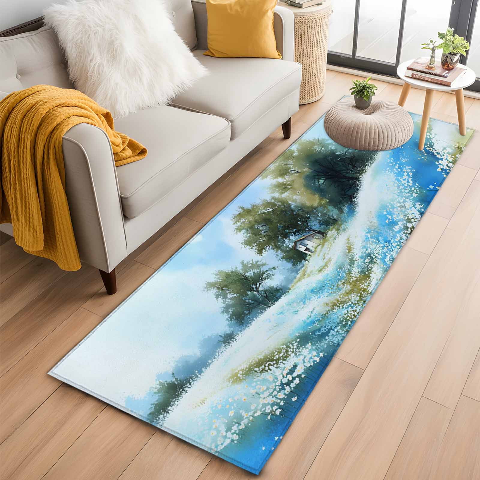 Blue Green Spring 2'x6' Runner Rug, Watercolor Flower Trees Nature ...