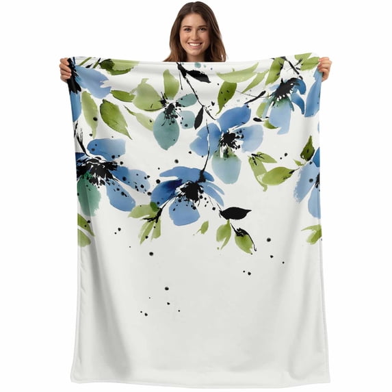 Blue Green Spring Floral Blanket Soft Cozy Warm Throw Blanket for Couch, Plush Fuzzy Flannel Fleece Blankets for Sofa, Weeping Botanical Summer Bed Blankets Lightweight Gifts for Women, 30"x40"
