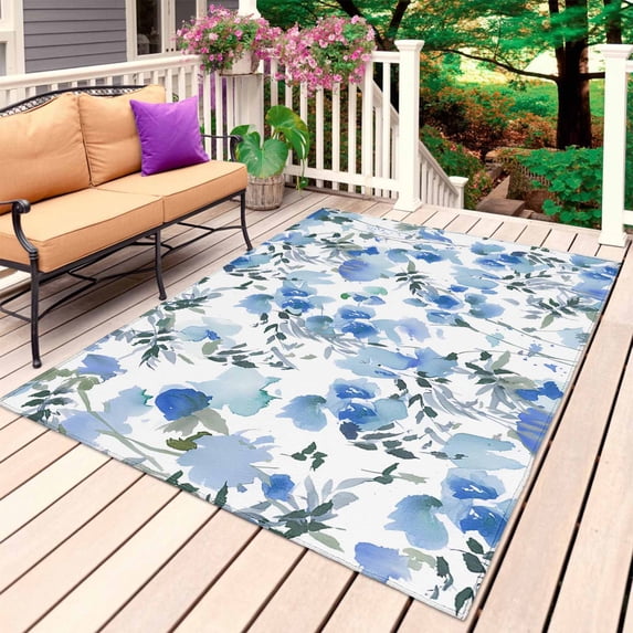Blue Green Spring Floral Outdoor Rug for Patio/Deck/Porch, Non-Slip Large Area Rug 3 x 5 Ft, Watercolor Blooming Botanical Summer Indoor Outdoor Rugs Washable Area Rugs, Camping Rug Carpet Runner